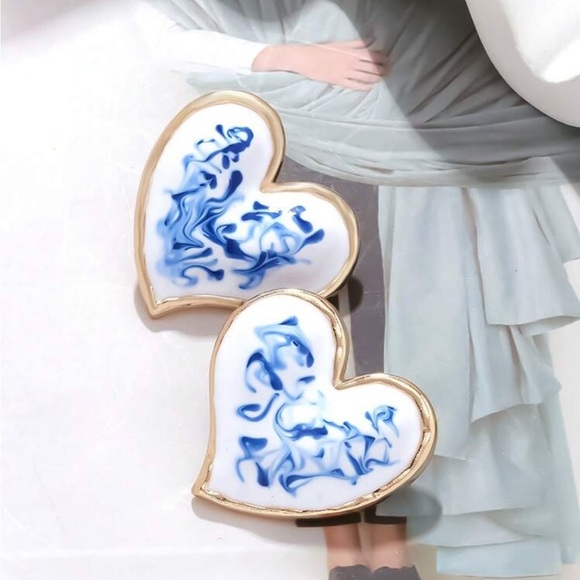 scorpioQ Jewelry - Framed in Gold Trim Oil Dripping Blue on White Porcelain Heart Earrings